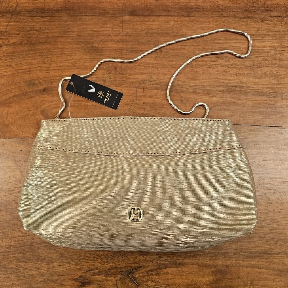 MONET Gold Evening Clutch Purse With Gold Toned Chain NWT New Shiny Metallic